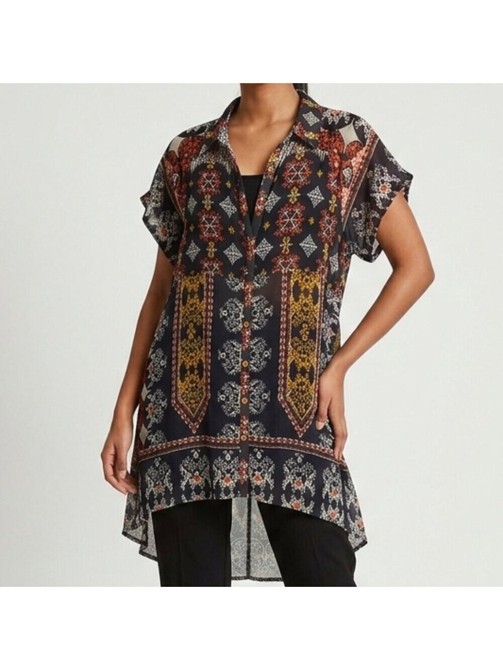 Ivy Jane Peasant High Low Button Down Eclectic Geometric Sheer Blouse medium